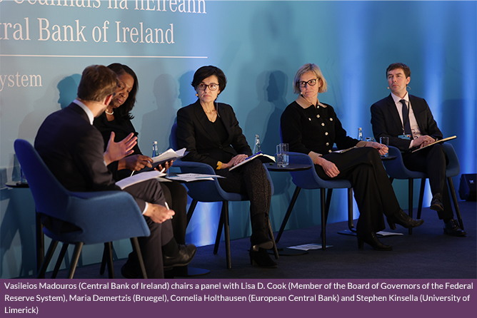 Vasileios Madouros, Deputy Governor, Monetary and Financial Stability, Central Bank of Ireland chairs a panel with Lisa D. Cook, Member of the Board of Governors of the Federal Reserve System, Maria Demertzis, Senior Fellow, Bruegel, Professor of Economic Policy, European University Institute Florence, Cornelia Holthausen, Director General, Macroprudential Policy and Financial Stability, European Central Bank and Stephen Kinsella, Professor of Economics, University of Limerick Vasileios Madouros, Deputy Governor, Monetary and Financial Stability, Central Bank of Ireland chairs a panel with Lisa D. Cook, Member of the Board of Governors of the Federal Reserve System, Maria Demertzis, Senior Fellow, Bruegel, Professor of Economic Policy, European University Institute Florence, Cornelia Holthausen, Director General, Macroprudential Policy and Financial Stability, European Central Bank and Stephen Kinsella, Professor of Economics, University of Limerick